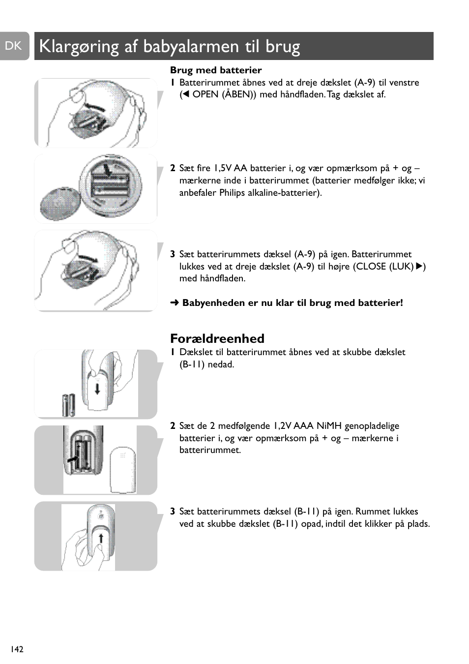 Klargøring af babyalarmen til brug, Forældreenhed | Philips SCD488 User Manual | Page 142 / 184