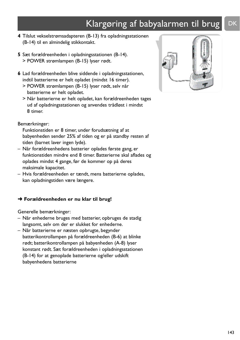 Klargøring af babyalarmen til brug | Philips SCD488 User Manual | Page 143 / 184