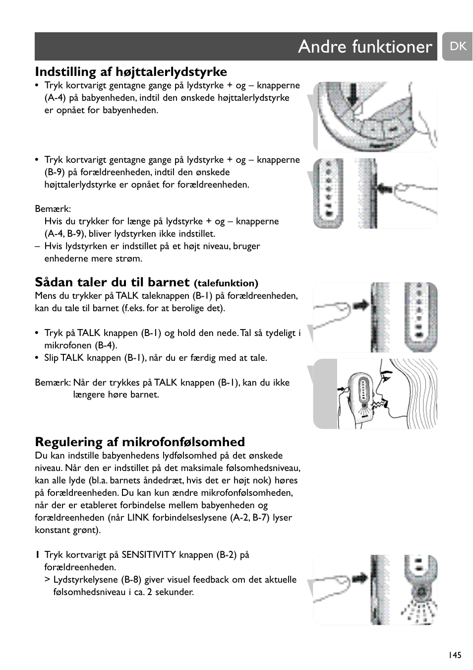 Andre funktioner, Indstilling af højttalerlydstyrke, Sådan taler du til barnet | Regulering af mikrofonfølsomhed | Philips SCD488 User Manual | Page 145 / 184