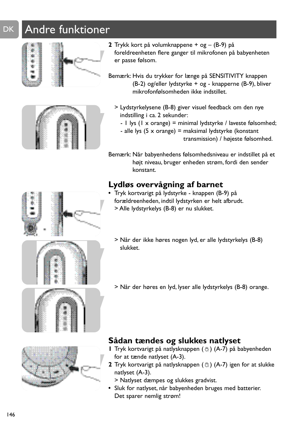 Andre funktioner, Lydløs overvågning af barnet, Sådan tændes og slukkes natlyset | Philips SCD488 User Manual | Page 146 / 184