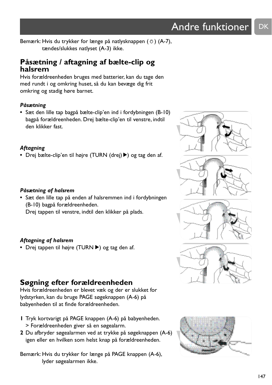 Andre funktioner, Påsætning / aftagning af bælte-clip og halsrem, Søgning efter forældreenheden | Philips SCD488 User Manual | Page 147 / 184