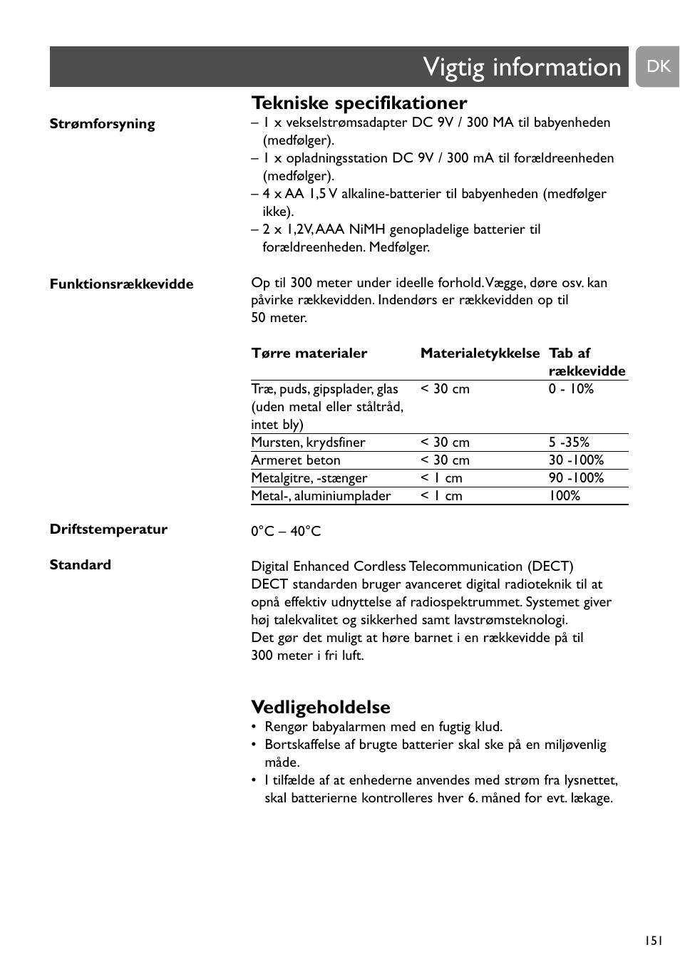 Vigtig information, Tekniske specifikationer, Vedligeholdelse | Philips SCD488 User Manual | Page 151 / 184