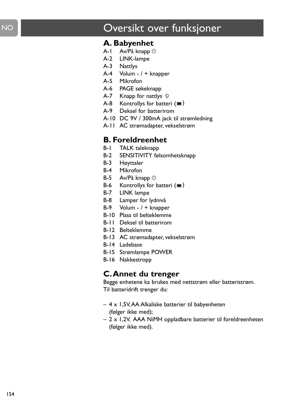 Oversikt over funksjoner, A. babyenhet, B. foreldreenhet | C. annet du trenger | Philips SCD488 User Manual | Page 154 / 184