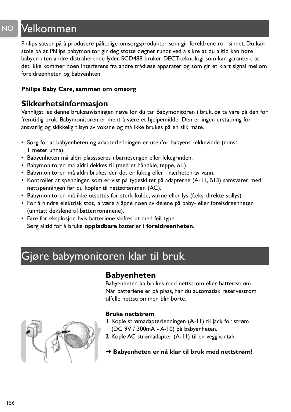 Velkommen gjøre babymonitoren klar til bruk, Sikkerhetsinformasjon, Babyenheten | Philips SCD488 User Manual | Page 156 / 184