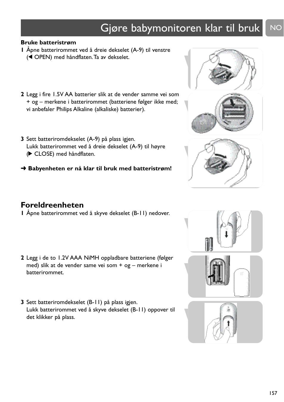 Gjøre babymonitoren klar til bruk, Foreldreenheten | Philips SCD488 User Manual | Page 157 / 184