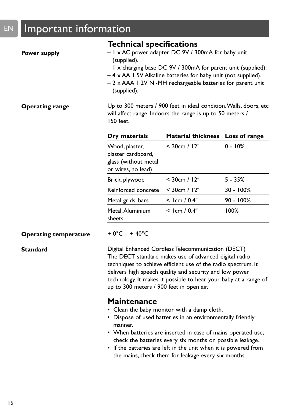 Important information, Technical specifications, Maintenance | Philips SCD488 User Manual | Page 16 / 184