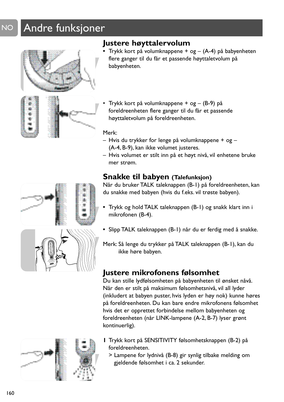 Andre funksjoner, Justere høyttalervolum, Snakke til babyen | Justere mikrofonens følsomhet | Philips SCD488 User Manual | Page 160 / 184