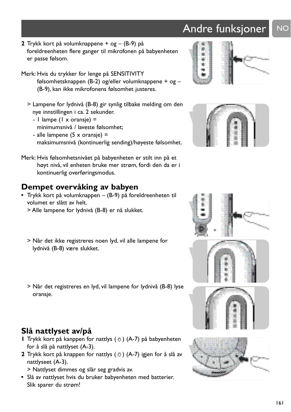 Andre funksjoner, Dempet overvåking av babyen, Slå nattlyset av/på | Philips SCD488 User Manual | Page 161 / 184