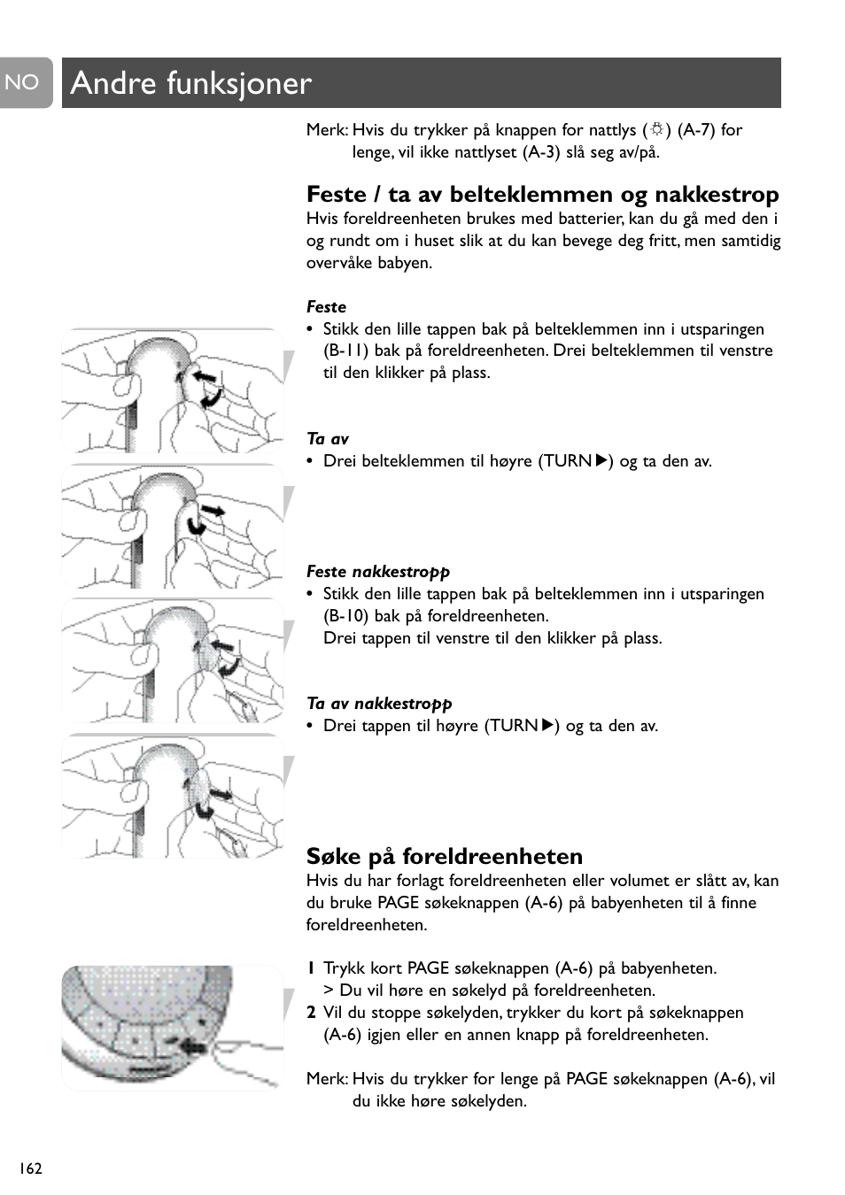 Andre funksjoner, Feste / ta av belteklemmen og nakkestrop, Søke på foreldreenheten | Philips SCD488 User Manual | Page 162 / 184