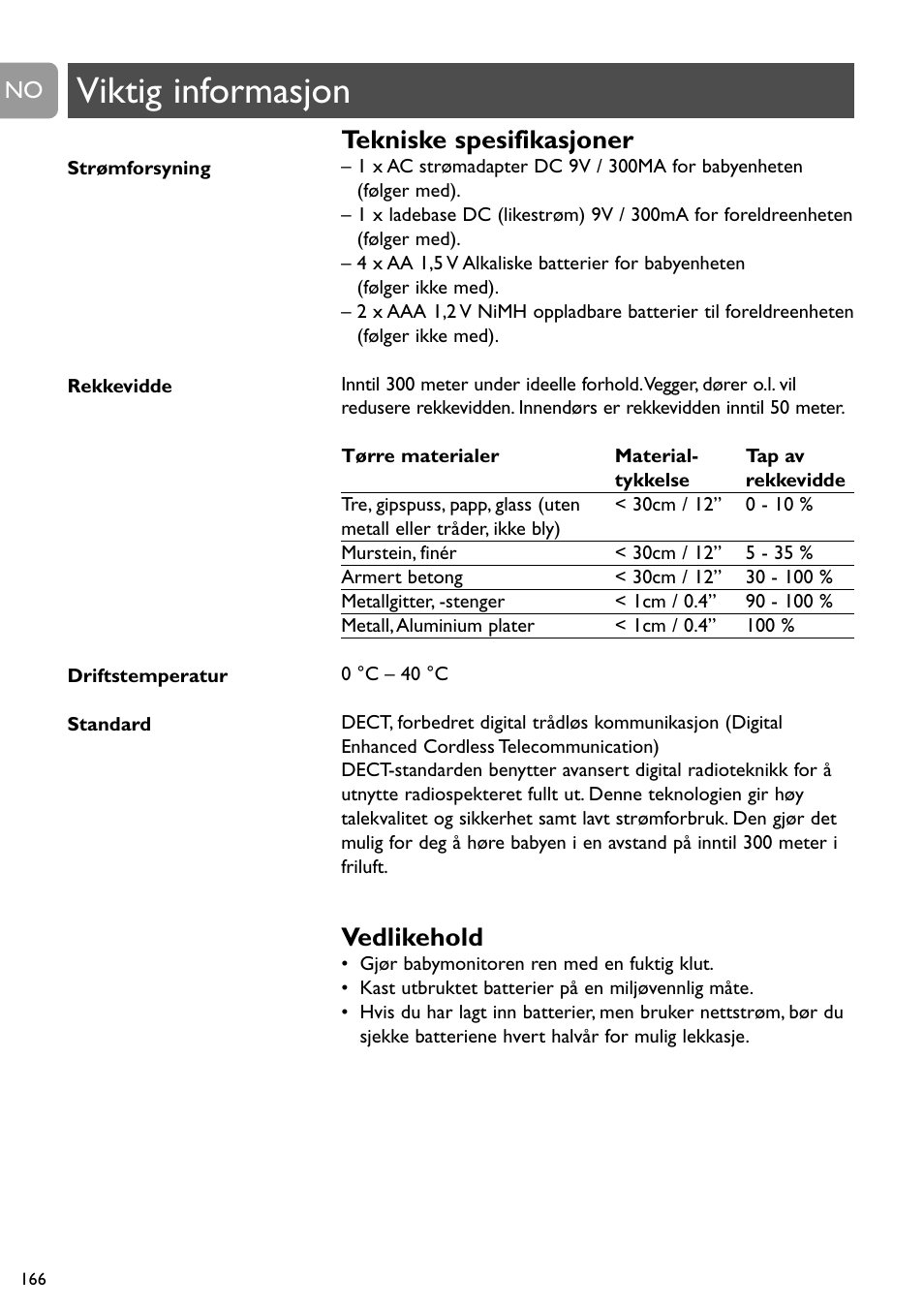Viktig informasjon, Tekniske spesifikasjoner, Vedlikehold | Philips SCD488 User Manual | Page 166 / 184