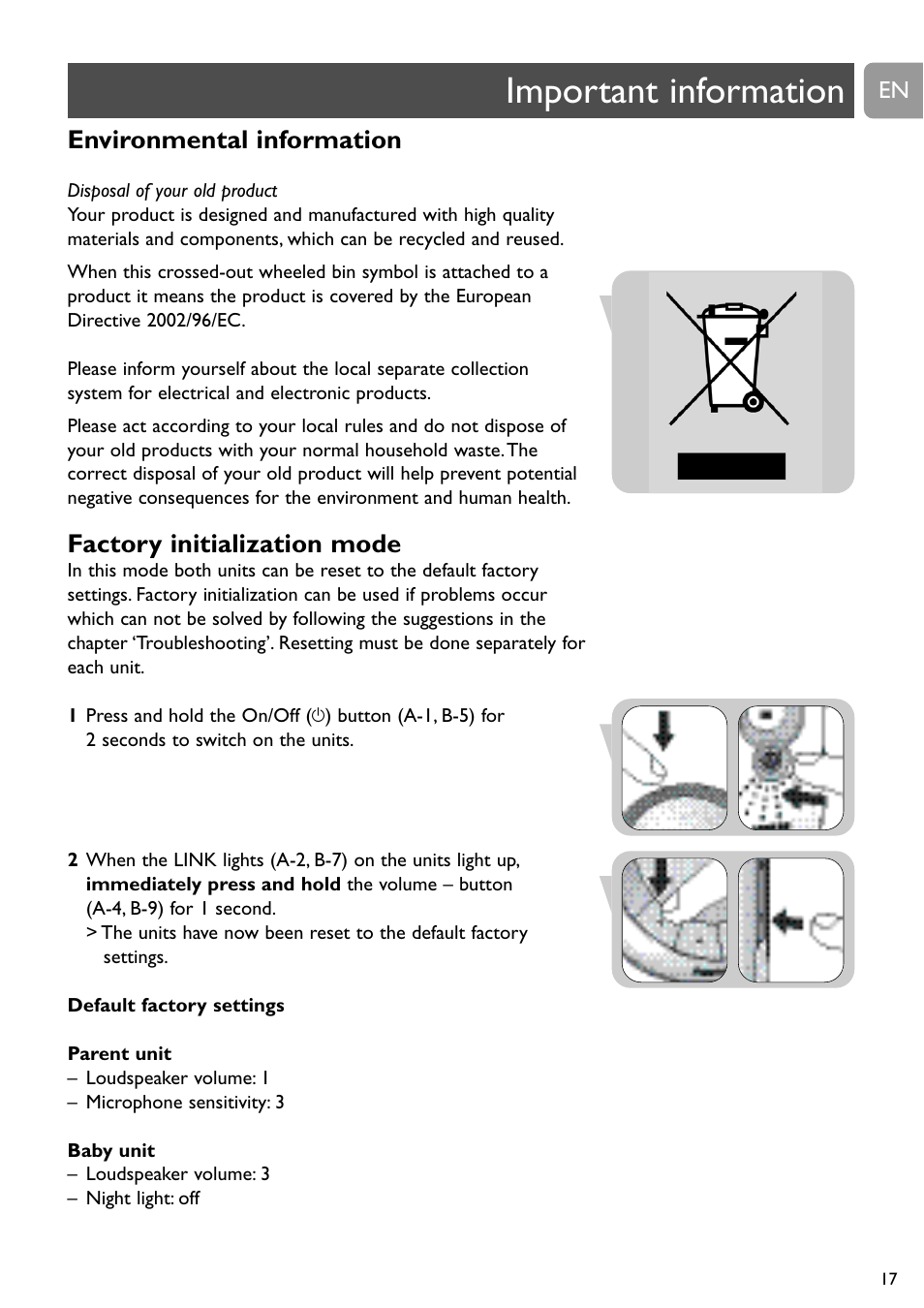 Important information, Environmental information, Factory initialization mode | Philips SCD488 User Manual | Page 17 / 184