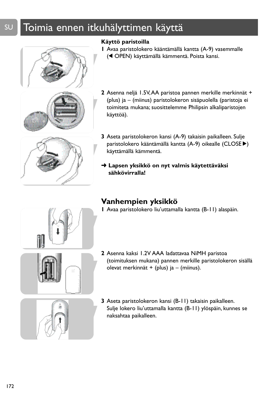 Toimia ennen itkuhälyttimen käyttä, Vanhempien yksikkö | Philips SCD488 User Manual | Page 172 / 184