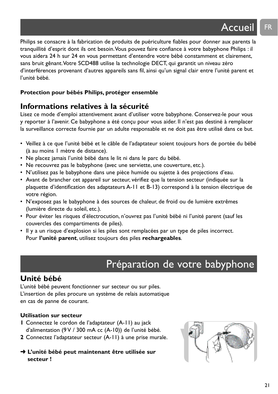 Accueil préparation de votre babyphone, Informations relatives à la sécurité, Unité bébé | Philips SCD488 User Manual | Page 21 / 184