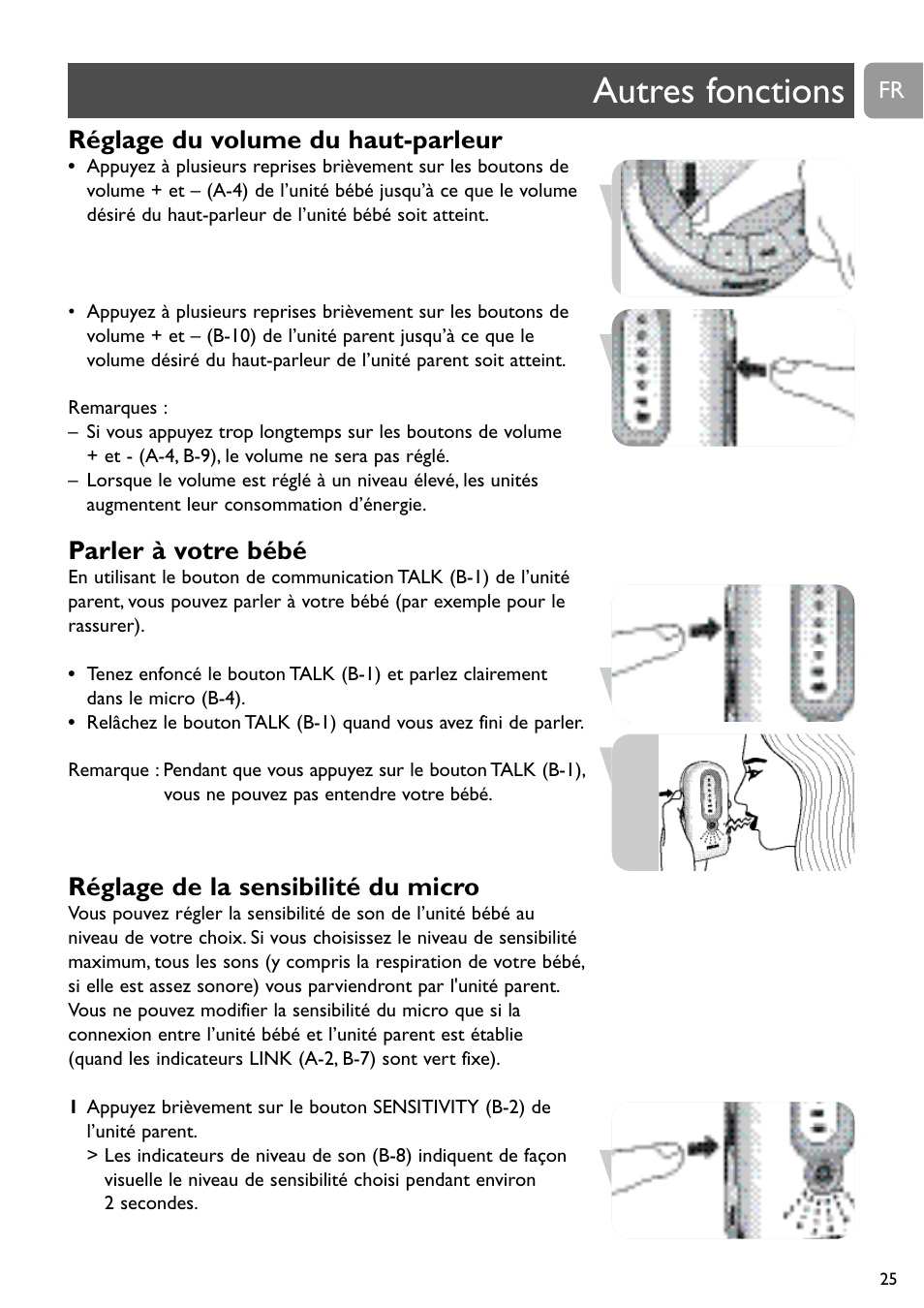 Autres fonctions, Réglage du volume du haut-parleur, Parler à votre bébé | Réglage de la sensibilité du micro | Philips SCD488 User Manual | Page 25 / 184