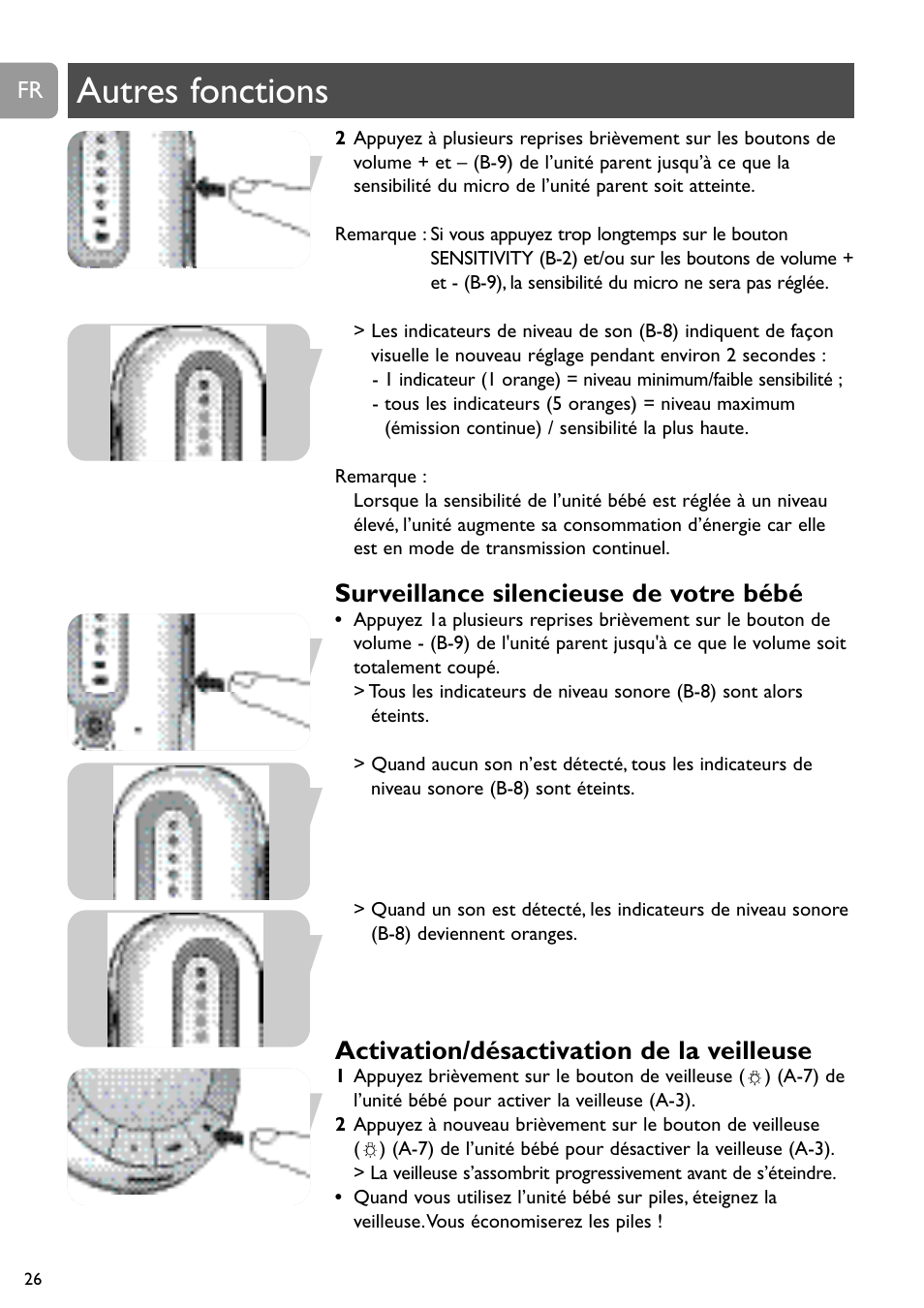 Autres fonctions, Surveillance silencieuse de votre bébé, Activation/désactivation de la veilleuse | Philips SCD488 User Manual | Page 26 / 184