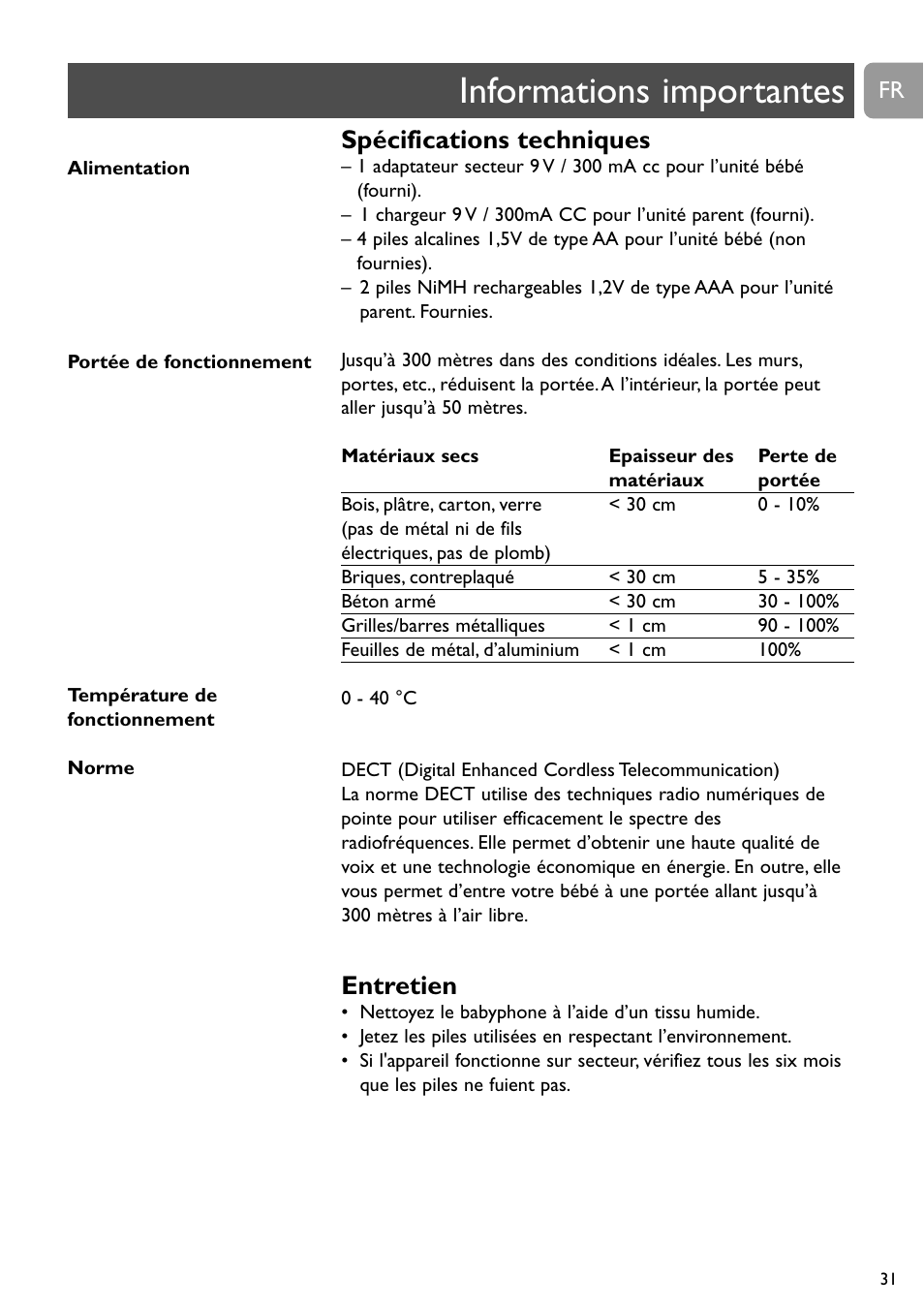Informations importantes, Spécifications techniques, Entretien | Philips SCD488 User Manual | Page 31 / 184