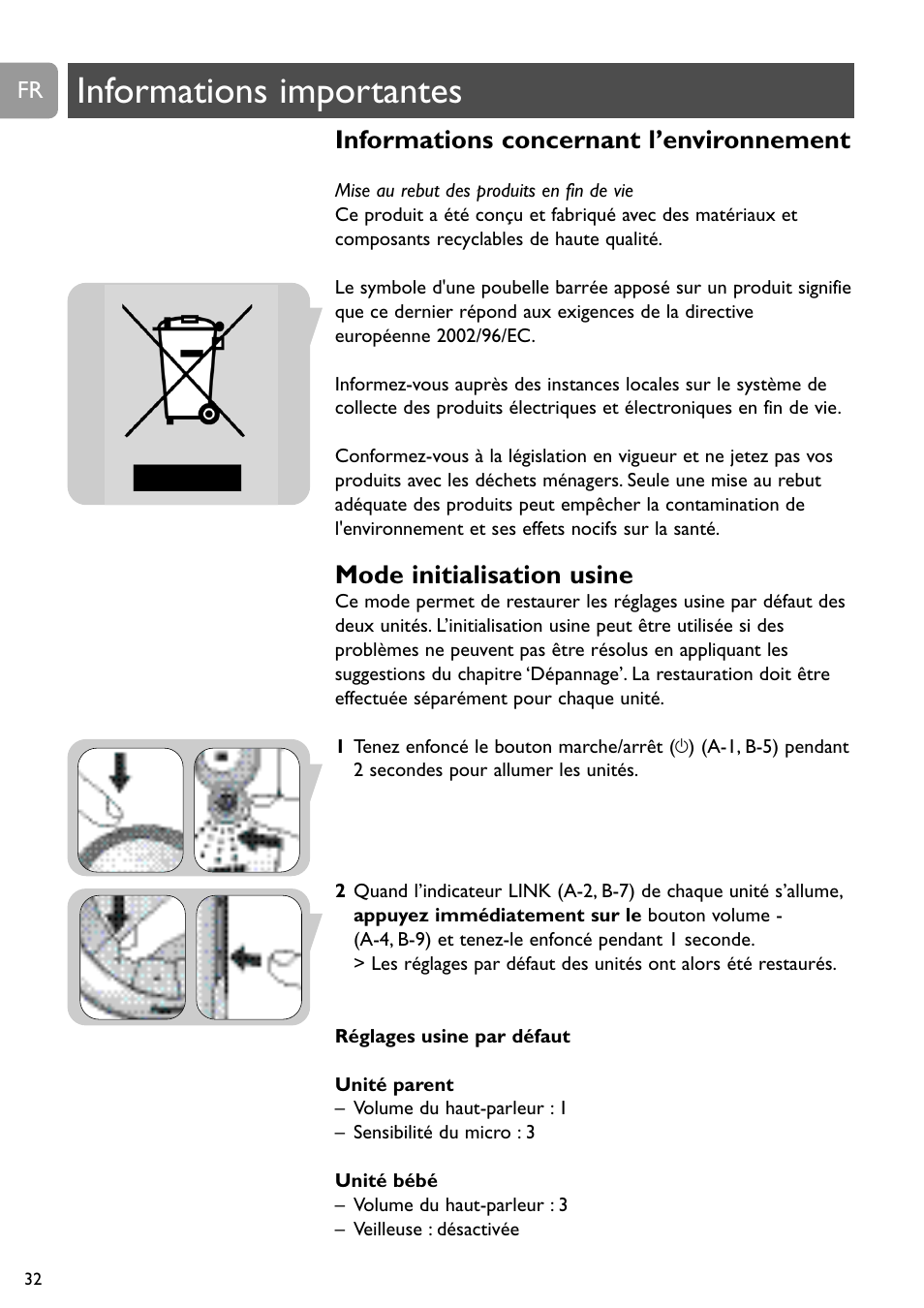 Informations importantes, Informations concernant l’environnement, Mode initialisation usine | Philips SCD488 User Manual | Page 32 / 184