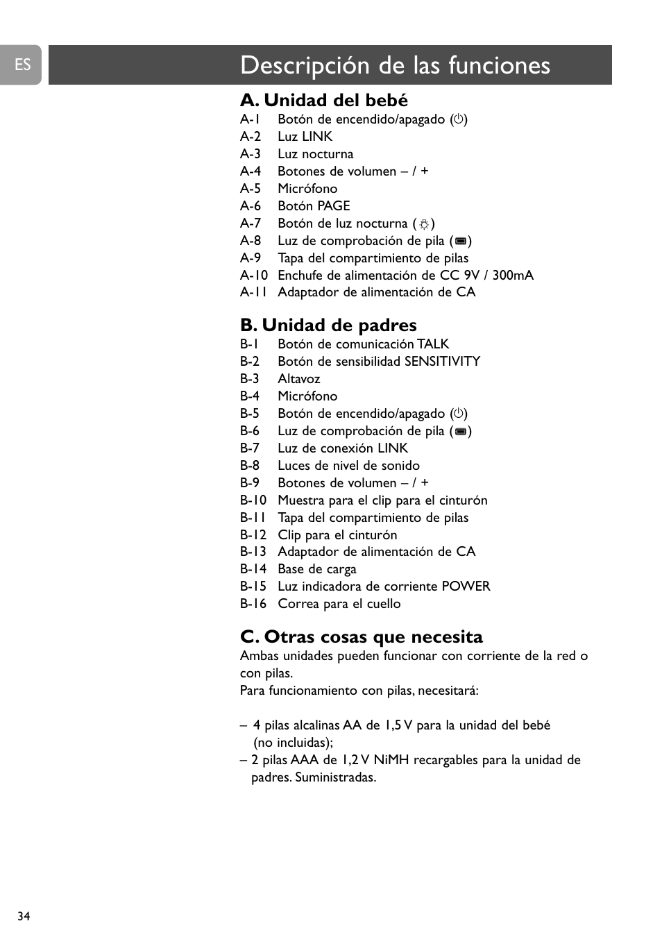 Descripción de las funciones, A. unidad del bebé, B. unidad de padres | C. otras cosas que necesita | Philips SCD488 User Manual | Page 34 / 184