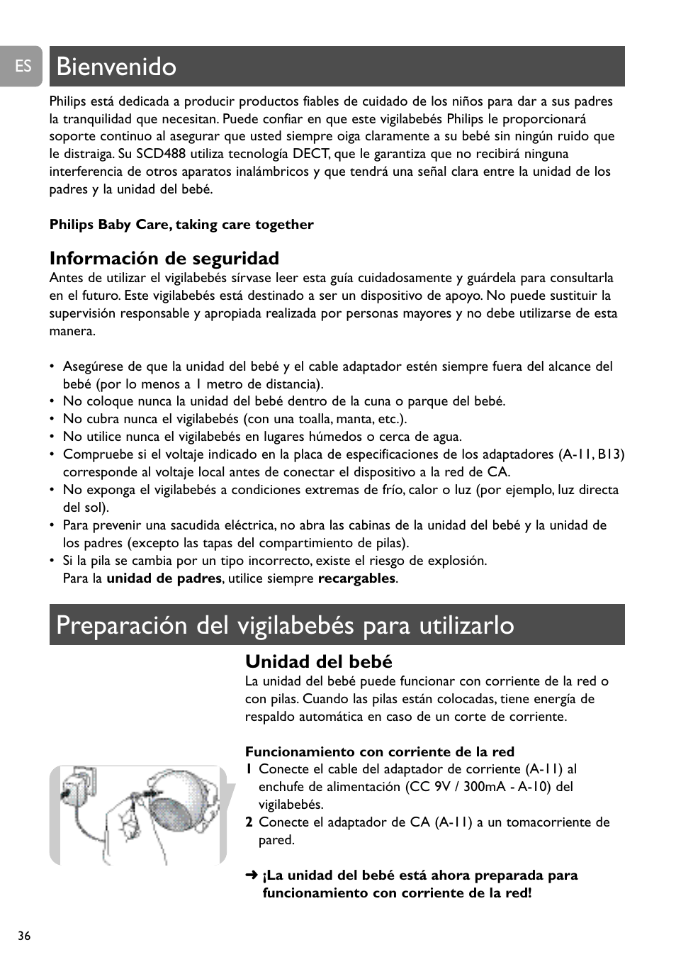Información de seguridad, Unidad del bebé | Philips SCD488 User Manual | Page 36 / 184