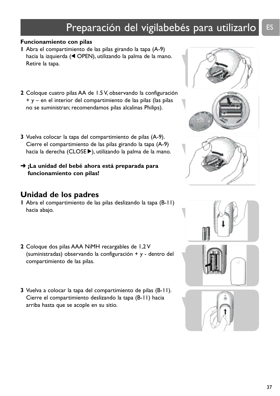 Preparación del vigilabebés para utilizarlo, Unidad de los padres | Philips SCD488 User Manual | Page 37 / 184