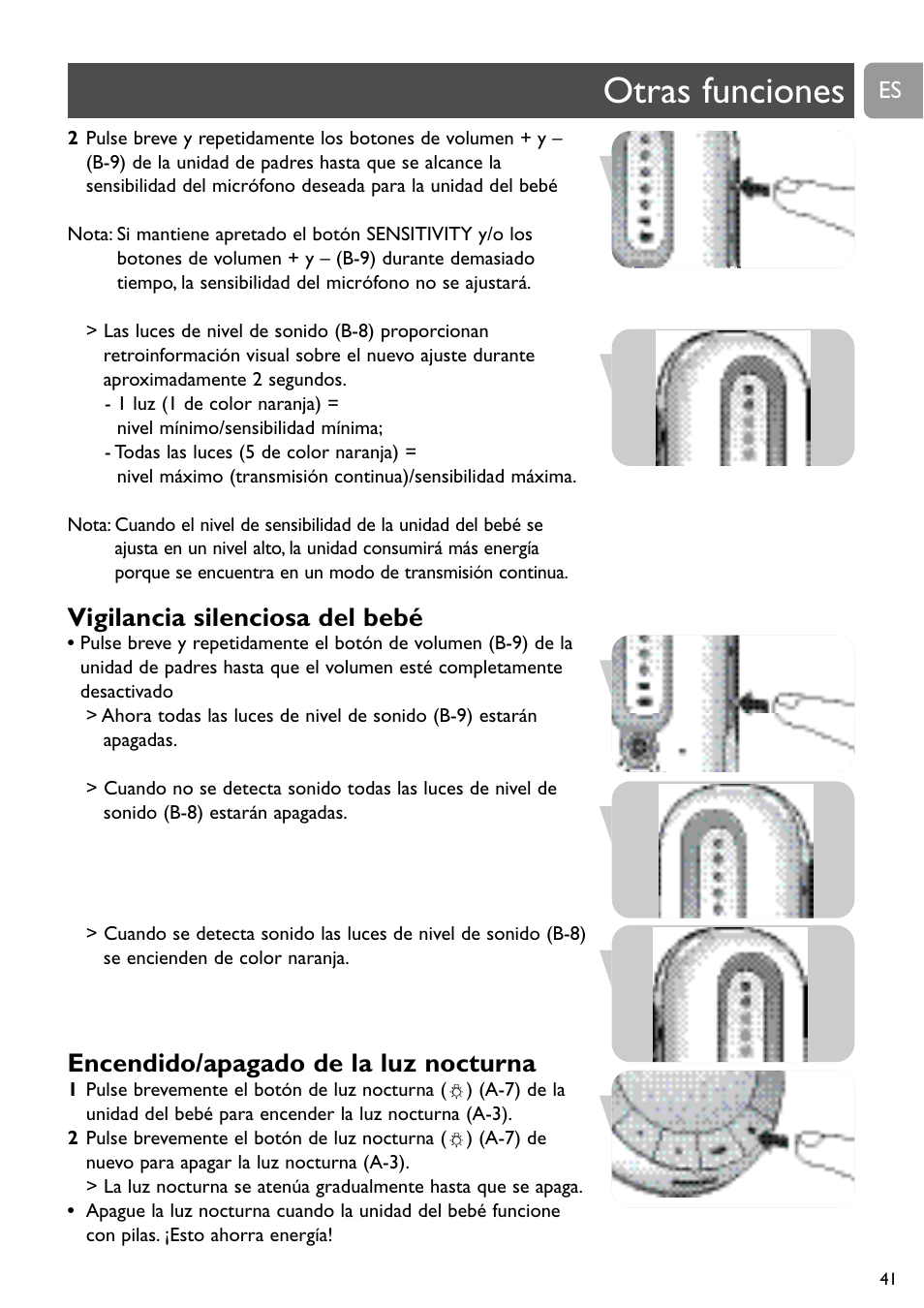 Otras funciones, Vigilancia silenciosa del bebé, Encendido/apagado de la luz nocturna | Philips SCD488 User Manual | Page 41 / 184