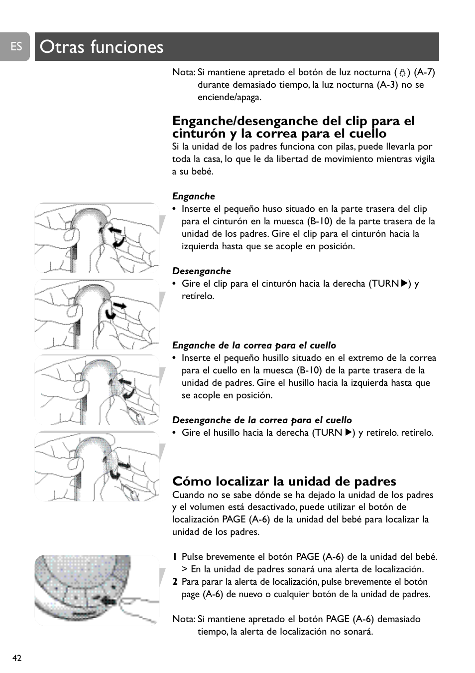 Otras funciones, Cómo localizar la unidad de padres | Philips SCD488 User Manual | Page 42 / 184