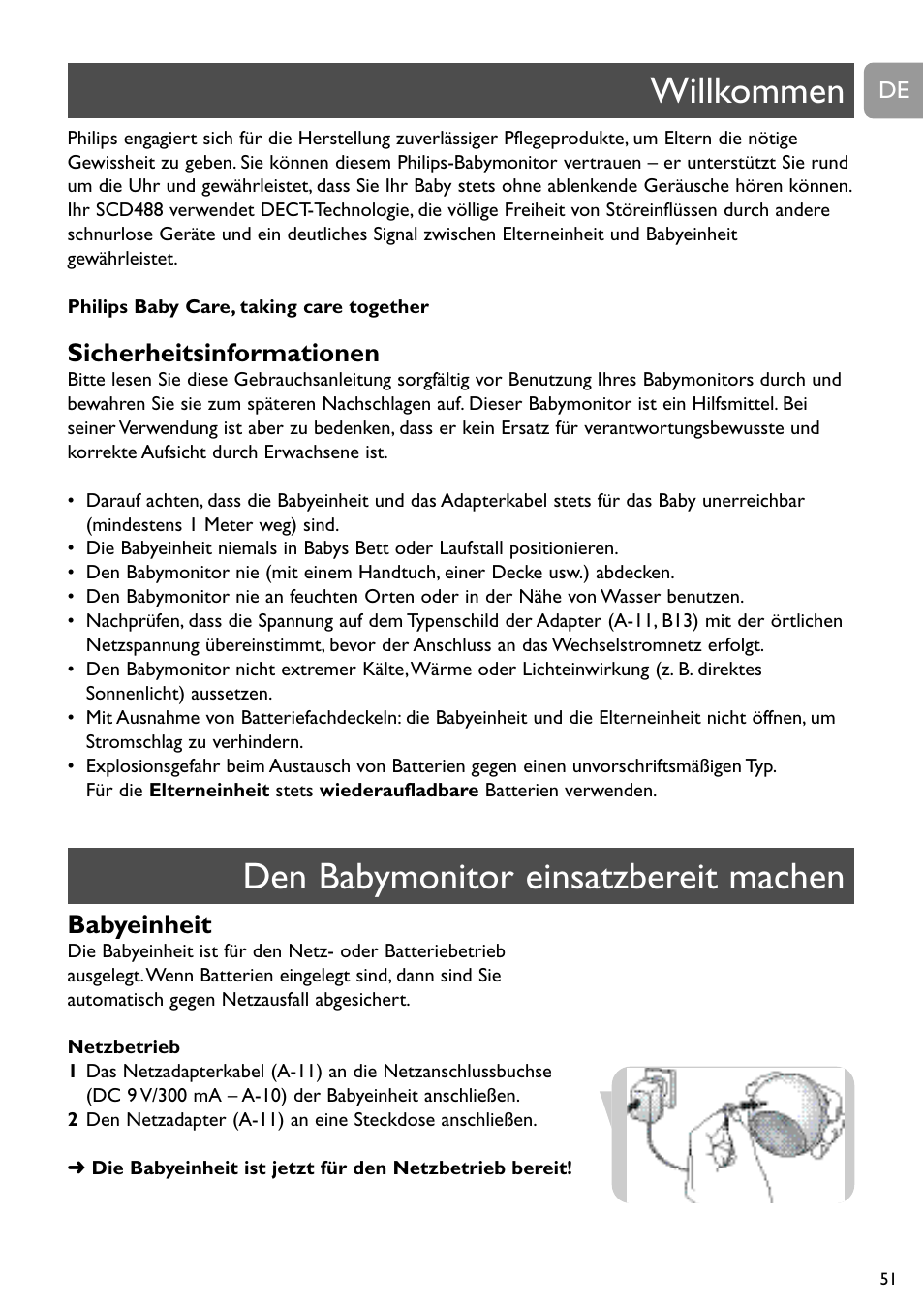 Willkommen den babymonitor einsatzbereit machen, Sicherheitsinformationen, Babyeinheit | Philips SCD488 User Manual | Page 51 / 184