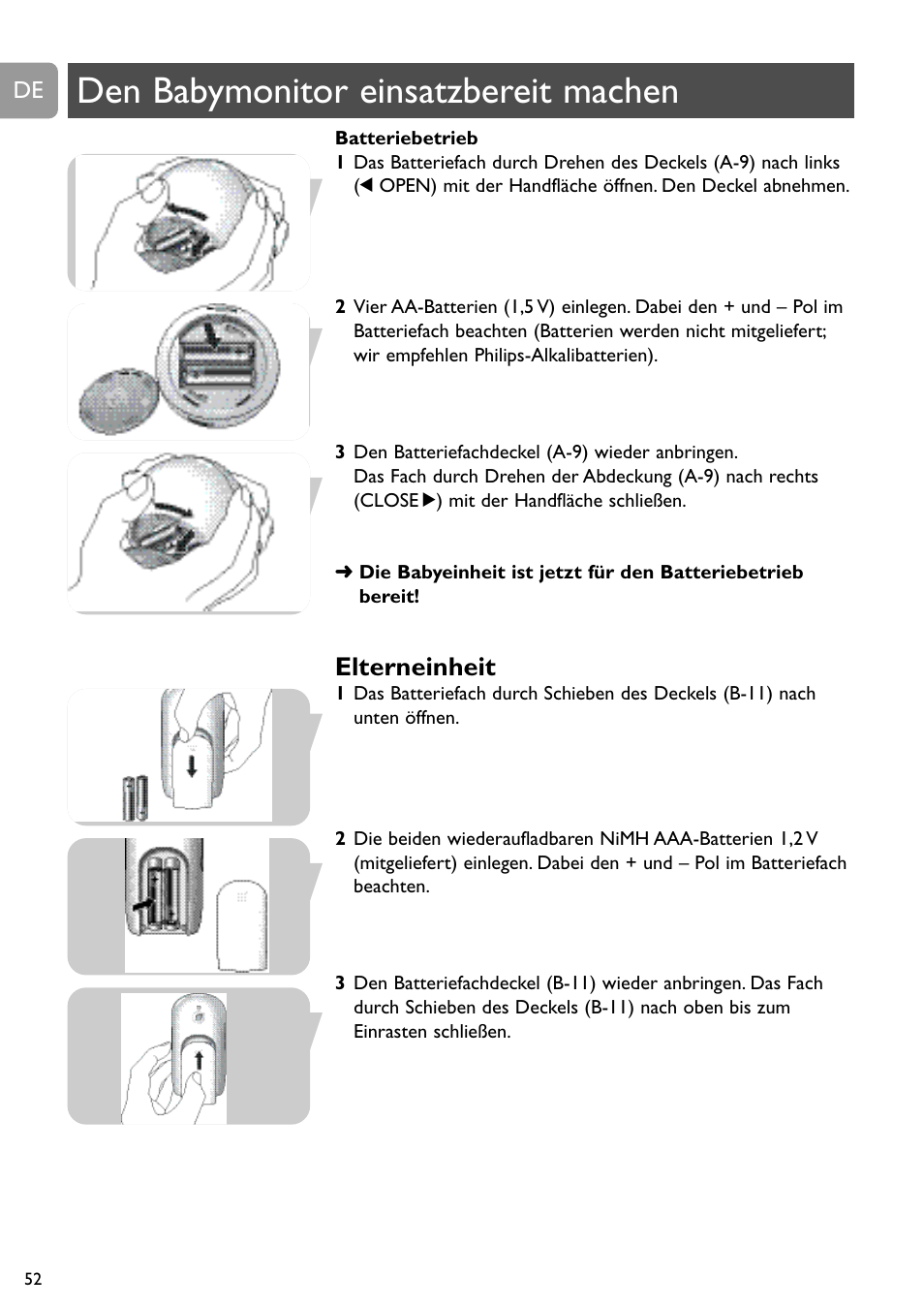 Den babymonitor einsatzbereit machen, Elterneinheit | Philips SCD488 User Manual | Page 52 / 184