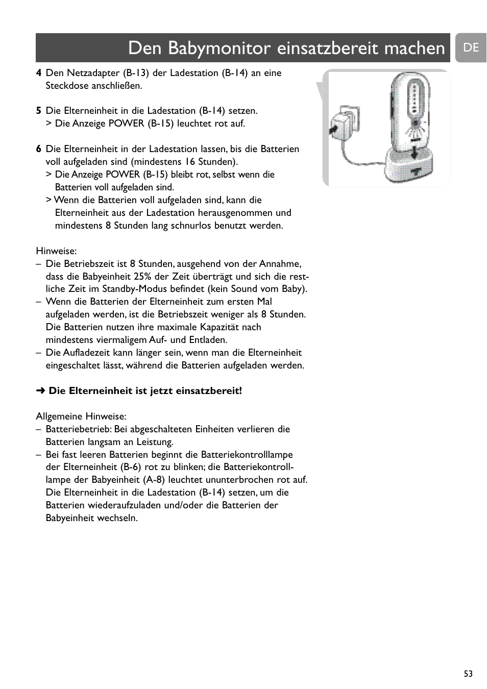 Den babymonitor einsatzbereit machen | Philips SCD488 User Manual | Page 53 / 184