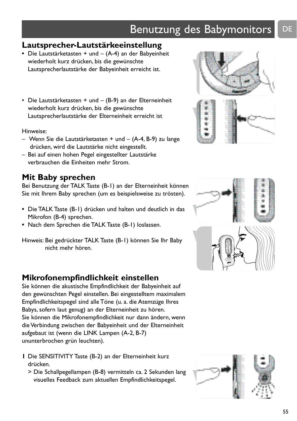 Benutzung des babymonitors, Lautsprecher-lautstärkeeinstellung, Mit baby sprechen | Mikrofonempfindlichkeit einstellen | Philips SCD488 User Manual | Page 55 / 184