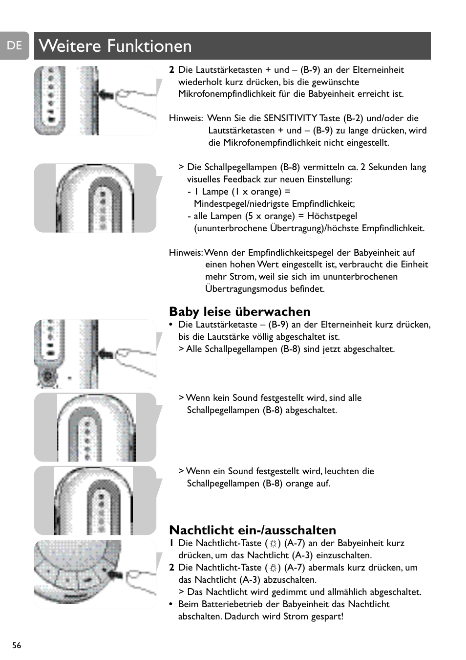 Weitere funktionen, Baby leise überwachen, Nachtlicht ein-/ausschalten | Philips SCD488 User Manual | Page 56 / 184