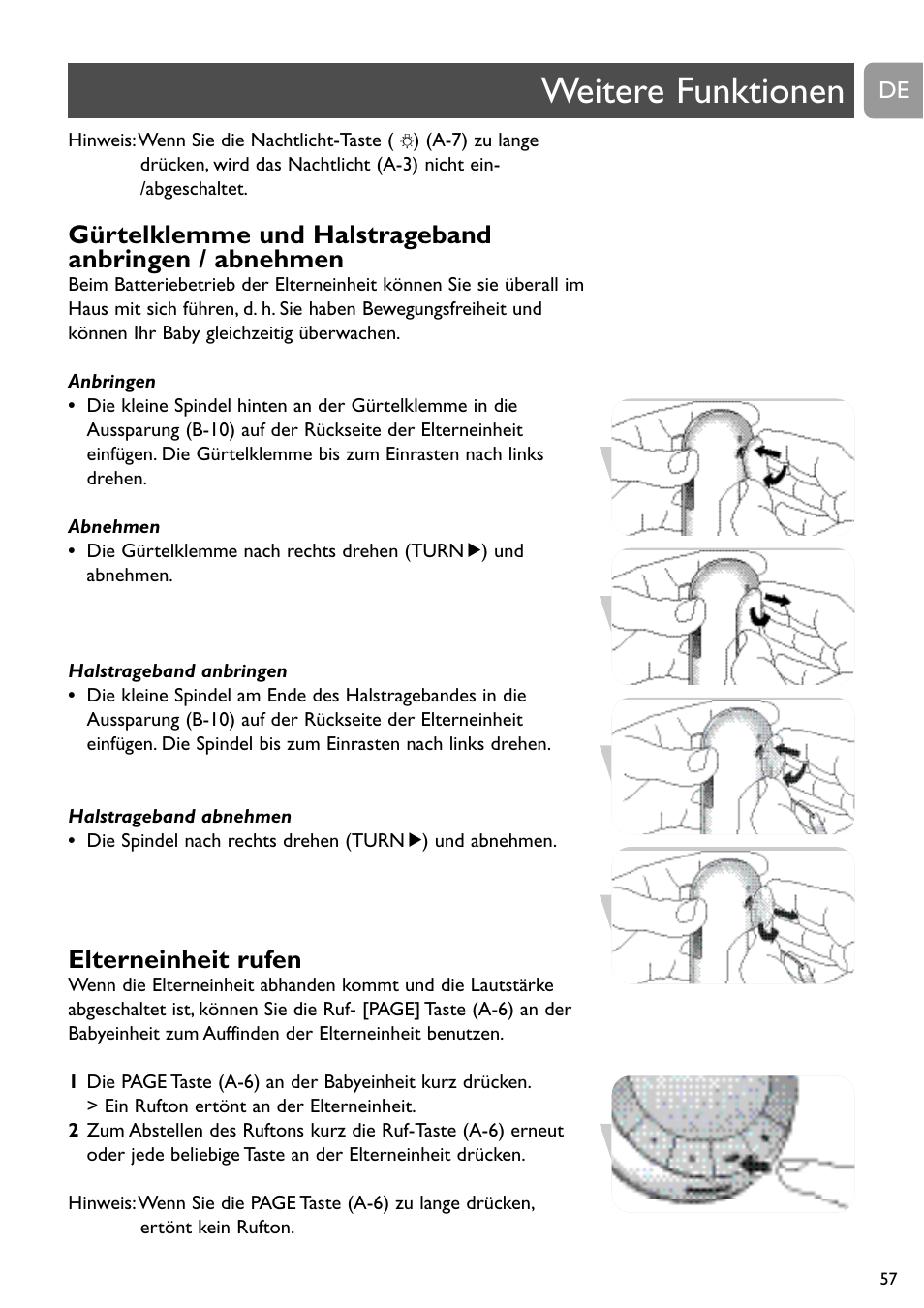 Weitere funktionen, Elterneinheit rufen | Philips SCD488 User Manual | Page 57 / 184