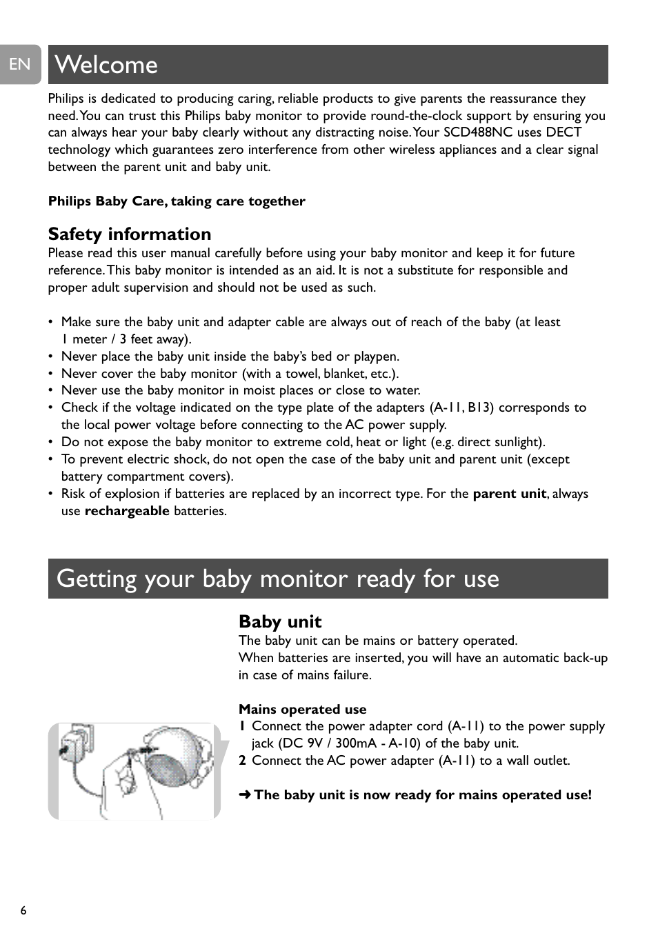 Welcome getting your baby monitor ready for use, Safety information, Baby unit | Philips SCD488 User Manual | Page 6 / 184