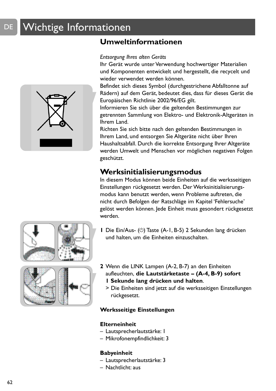 Wichtige informationen, Umweltinformationen, Werksinitialisierungsmodus | Philips SCD488 User Manual | Page 62 / 184