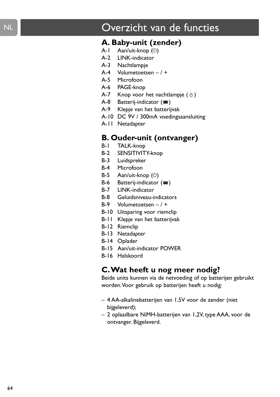 Overzicht van de functies, A. baby-unit (zender), B. ouder-unit (ontvanger) | C.wat heeft u nog meer nodig | Philips SCD488 User Manual | Page 64 / 184