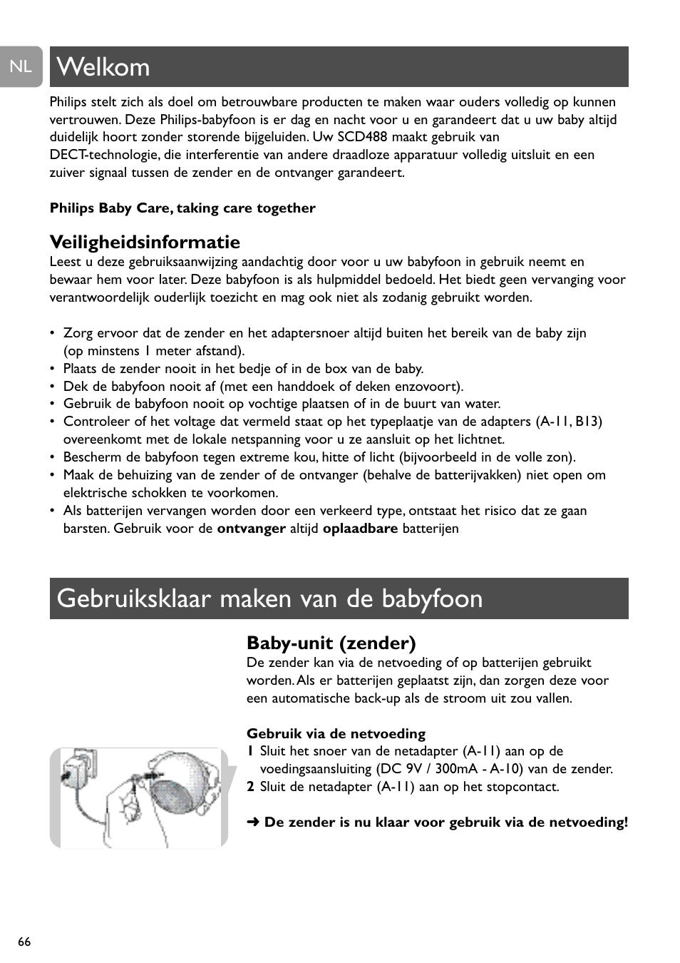 Welkom gebruiksklaar maken van de babyfoon, Veiligheidsinformatie, Baby-unit (zender) | Philips SCD488 User Manual | Page 66 / 184