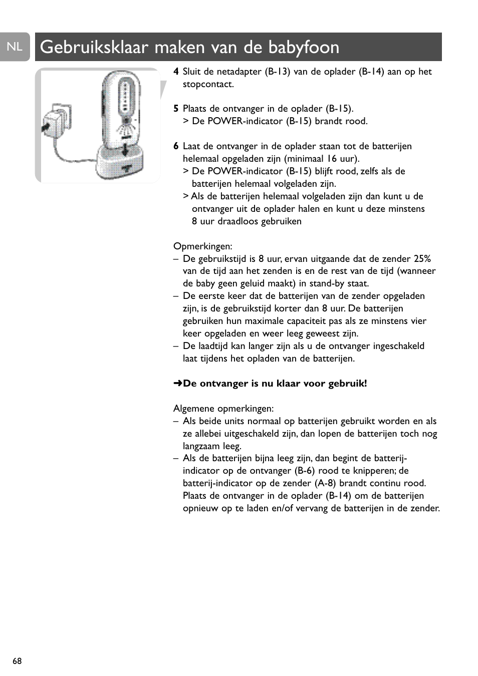 Gebruiksklaar maken van de babyfoon | Philips SCD488 User Manual | Page 68 / 184