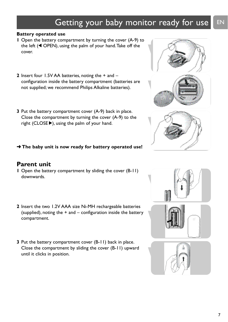 Getting your baby monitor ready for use, Parent unit | Philips SCD488 User Manual | Page 7 / 184