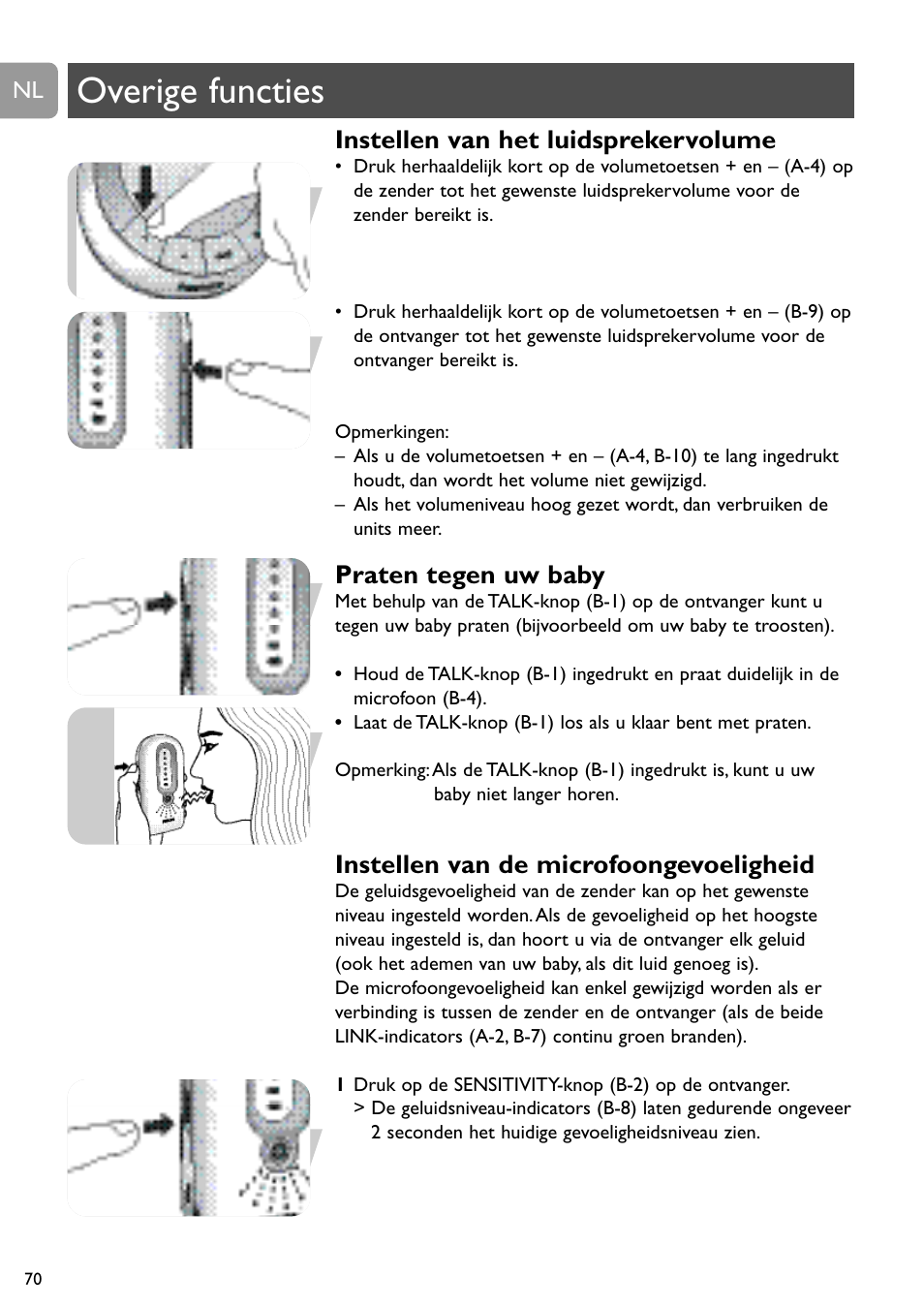 Overige functies, Instellen van het luidsprekervolume, Praten tegen uw baby | Instellen van de microfoongevoeligheid | Philips SCD488 User Manual | Page 70 / 184