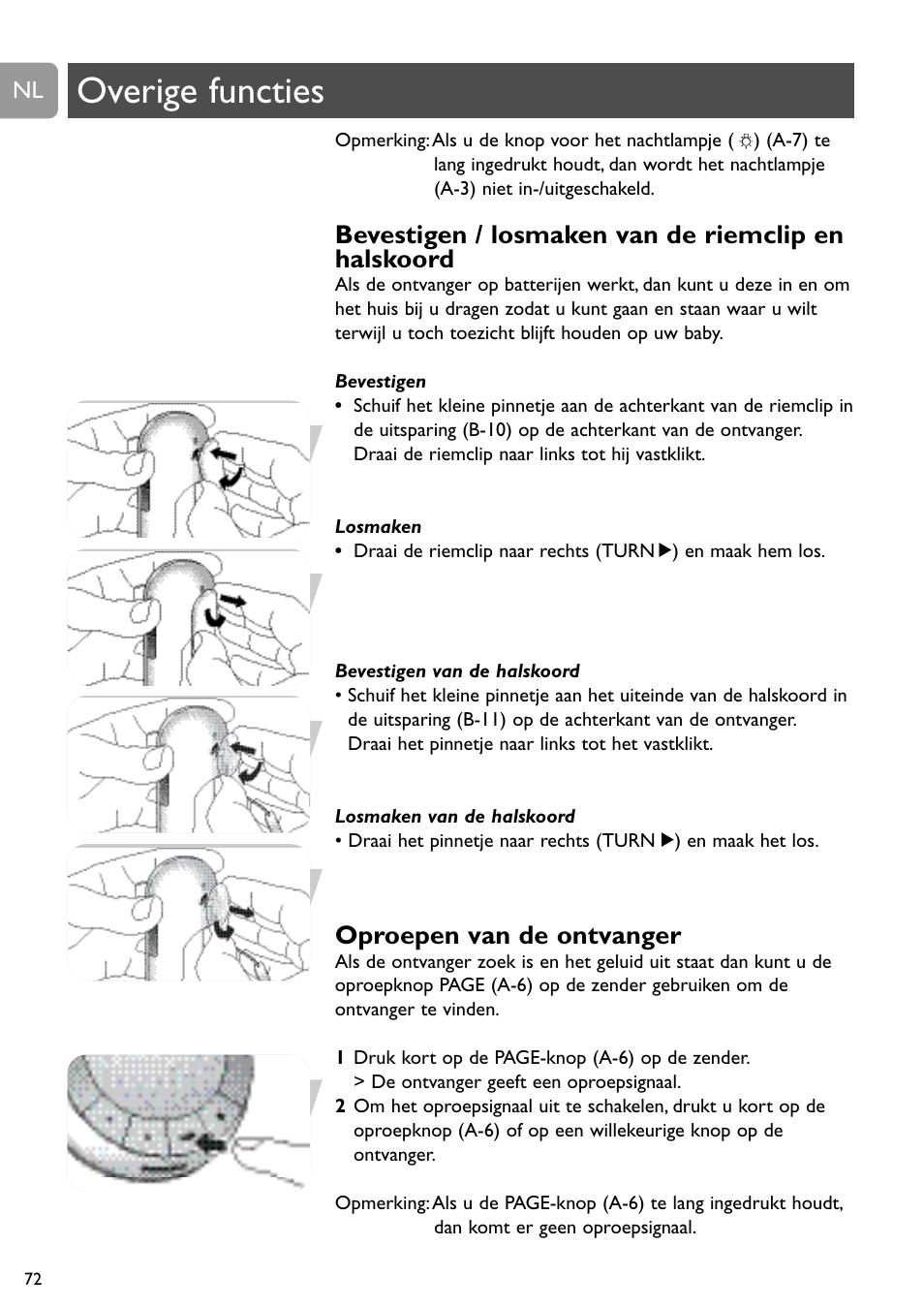 Overige functies, Bevestigen / losmaken van de riemclip en halskoord, Oproepen van de ontvanger | Philips SCD488 User Manual | Page 72 / 184