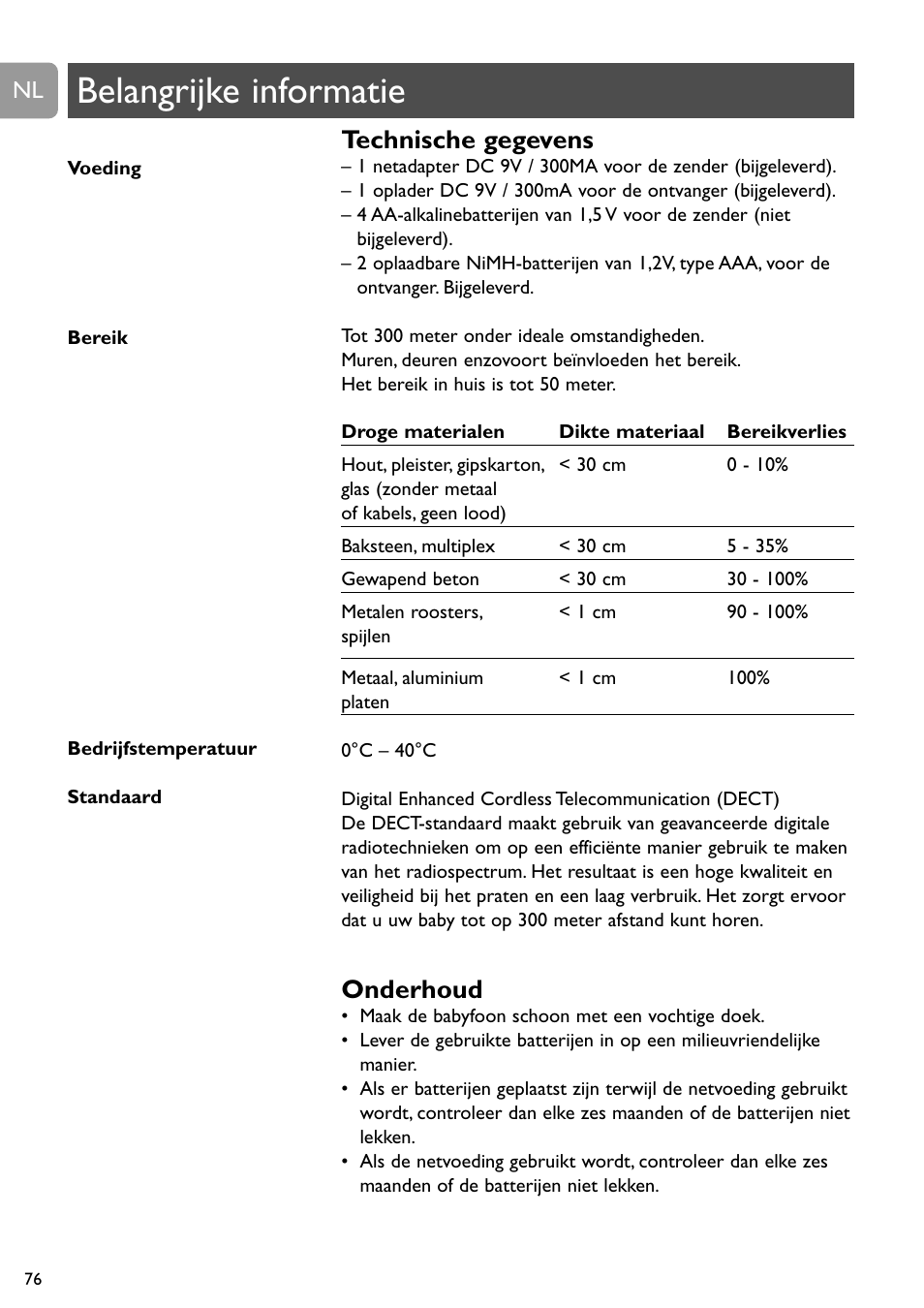 Belangrijke informatie, Technische gegevens, Onderhoud | Philips SCD488 User Manual | Page 76 / 184