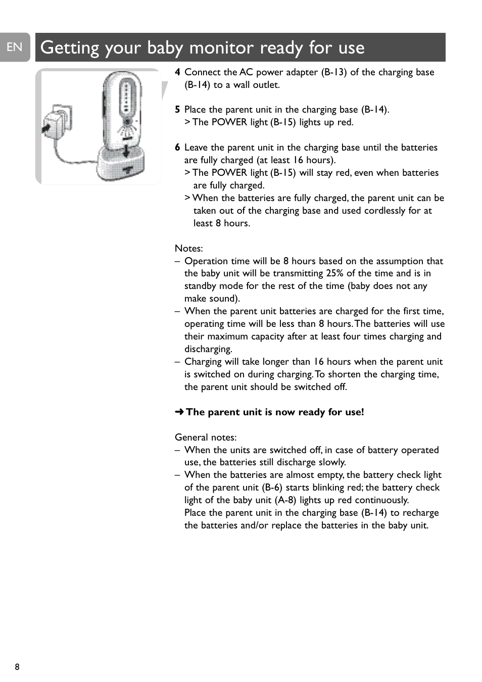 Getting your baby monitor ready for use | Philips SCD488 User Manual | Page 8 / 184
