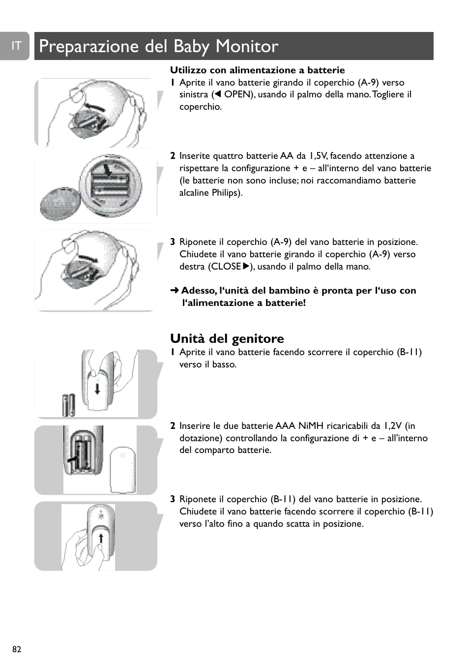 Preparazione del baby monitor, Unità del genitore | Philips SCD488 User Manual | Page 82 / 184