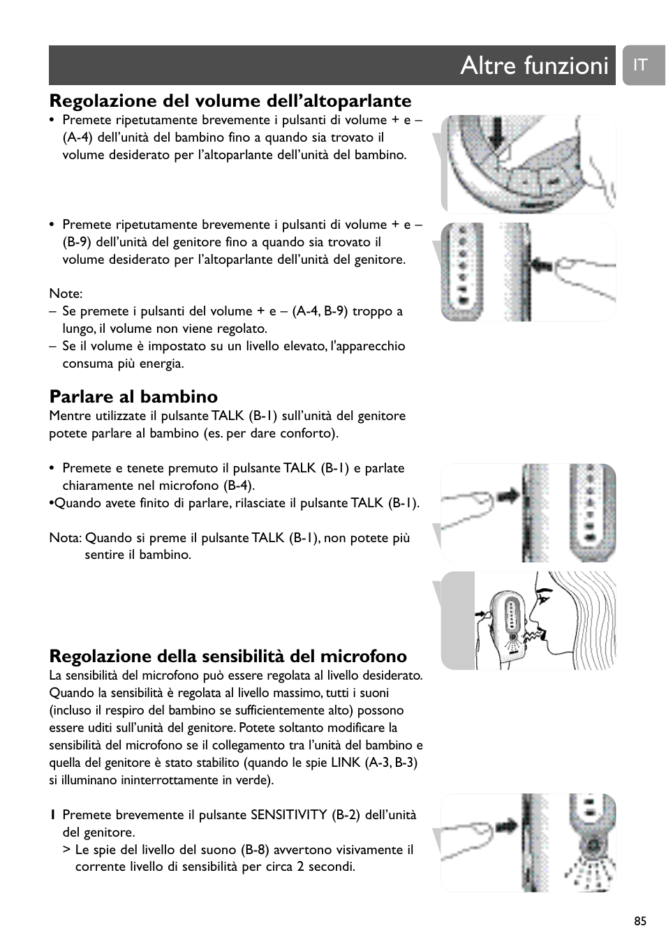 Altre funzioni, Regolazione del volume dell’altoparlante, Parlare al bambino | Regolazione della sensibilità del microfono | Philips SCD488 User Manual | Page 85 / 184