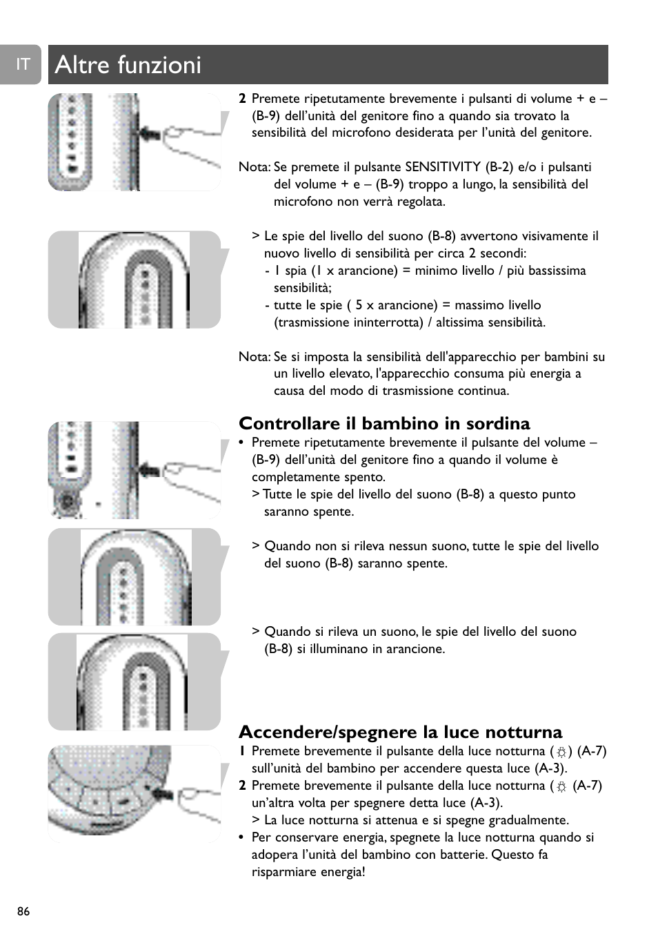 Altre funzioni, Controllare il bambino in sordina, Accendere/spegnere la luce notturna | Philips SCD488 User Manual | Page 86 / 184