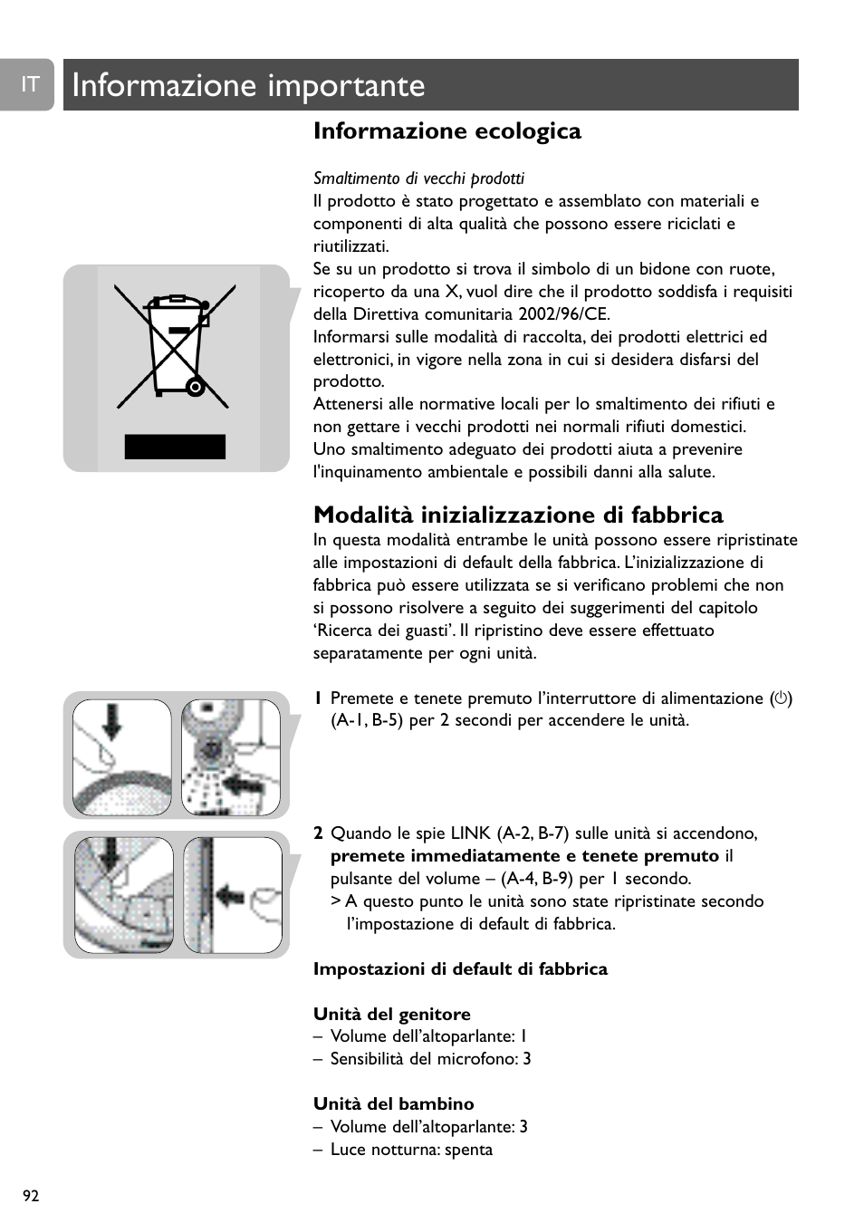 Informazione importante, Informazione ecologica, Modalità inizializzazione di fabbrica | Philips SCD488 User Manual | Page 92 / 184