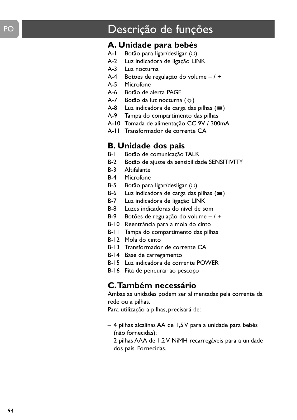 Descrição de funções, A. unidade para bebés, B. unidade dos pais | C.também necessário | Philips SCD488 User Manual | Page 94 / 184