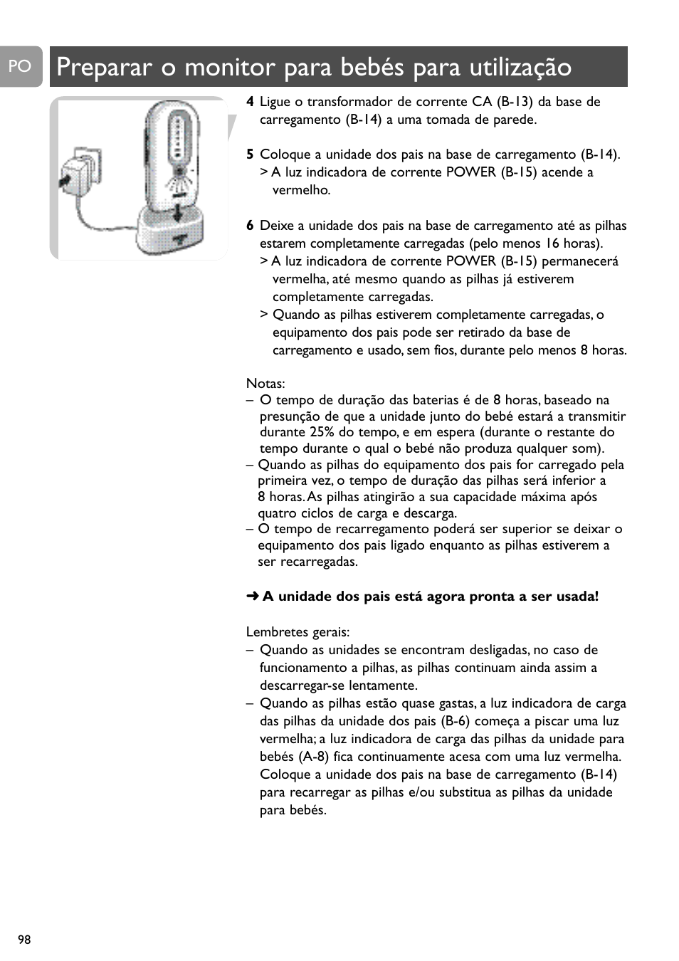 Preparar o monitor para bebés para utilização | Philips SCD488 User Manual | Page 98 / 184