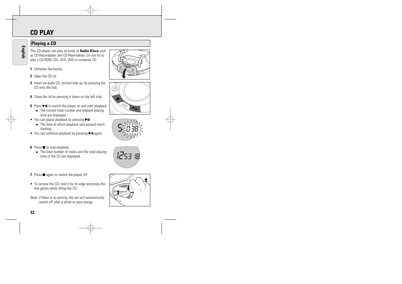 Cd play, Prog mode dbb esp p / line out vol off resume hold | Philips ACT 7585 User Manual | Page 12 / 65