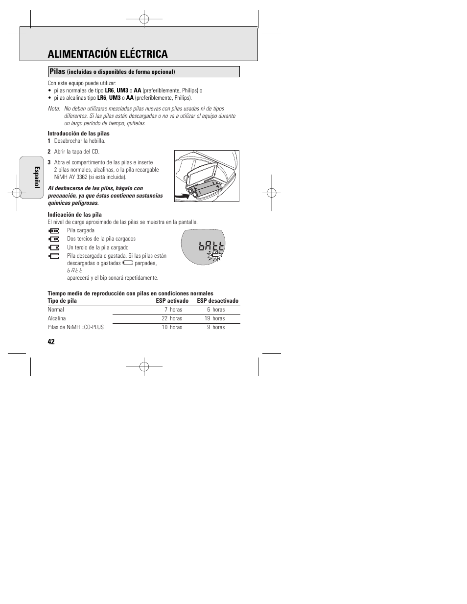 Alimentación eléctrica | Philips ACT 7585 User Manual | Page 42 / 65